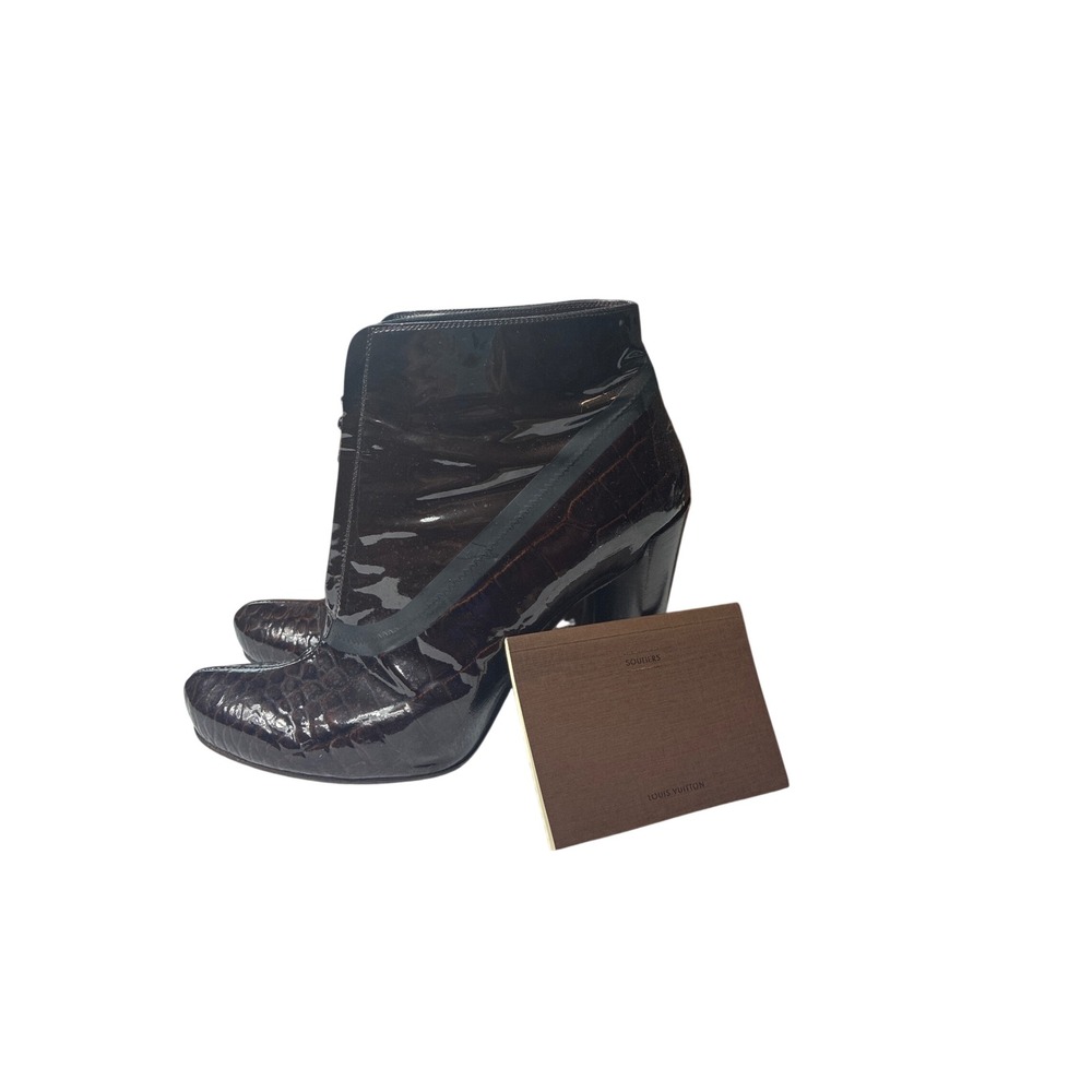 Louis Vuitton Mahogany Brown Croc Embossed Patent Leather Ankle Boots Heel 38.5